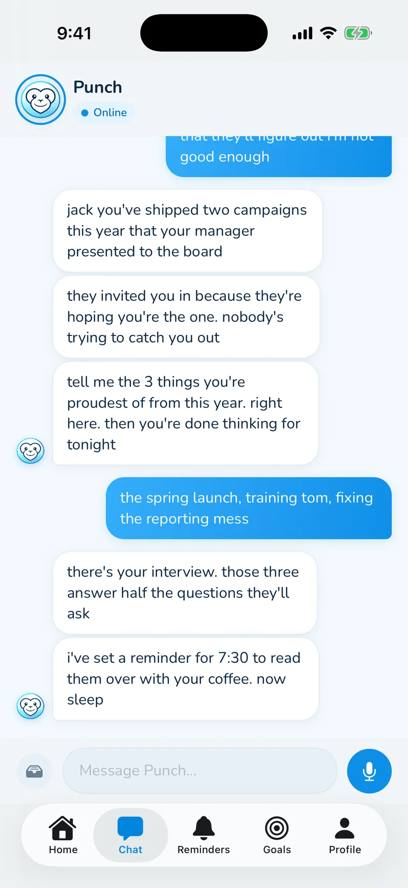 Chat tab: a late-night conversation before a job interview, where Punch sets a reminder to read Jack's three wins with his morning coffee