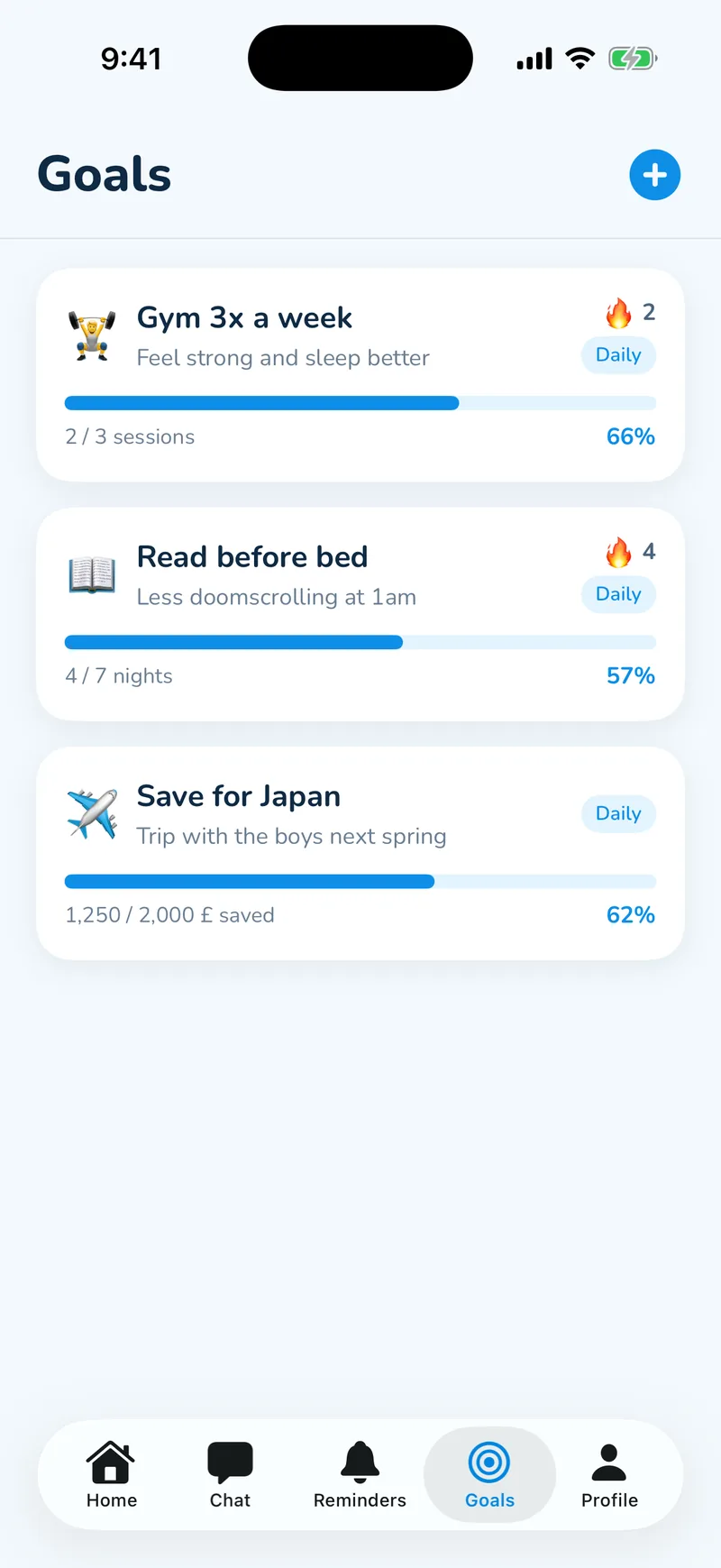 Goals tab: daily goals with progress bars and streak counts