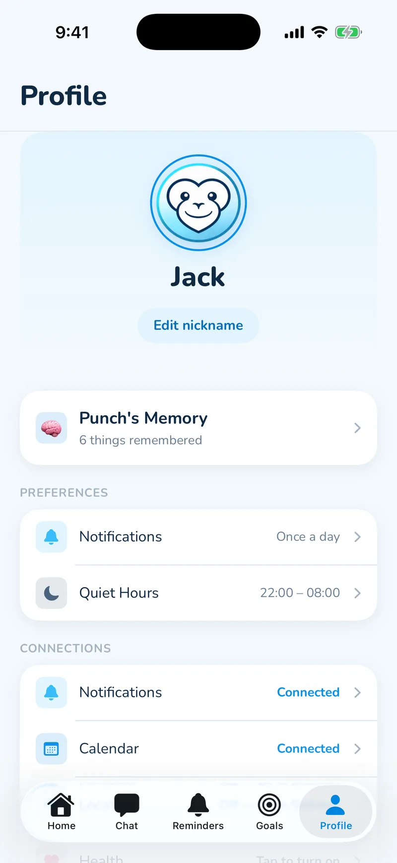 Profile tab: Punch's logo, what Punch remembers, notification and quiet-hours preferences, and connected apps