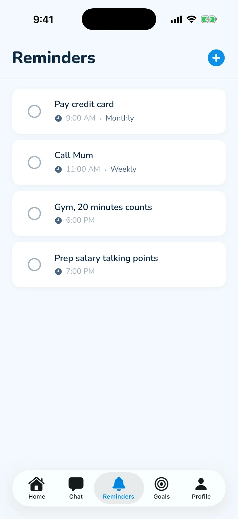 Reminders tab: today's reminders in time order, some repeating weekly or monthly